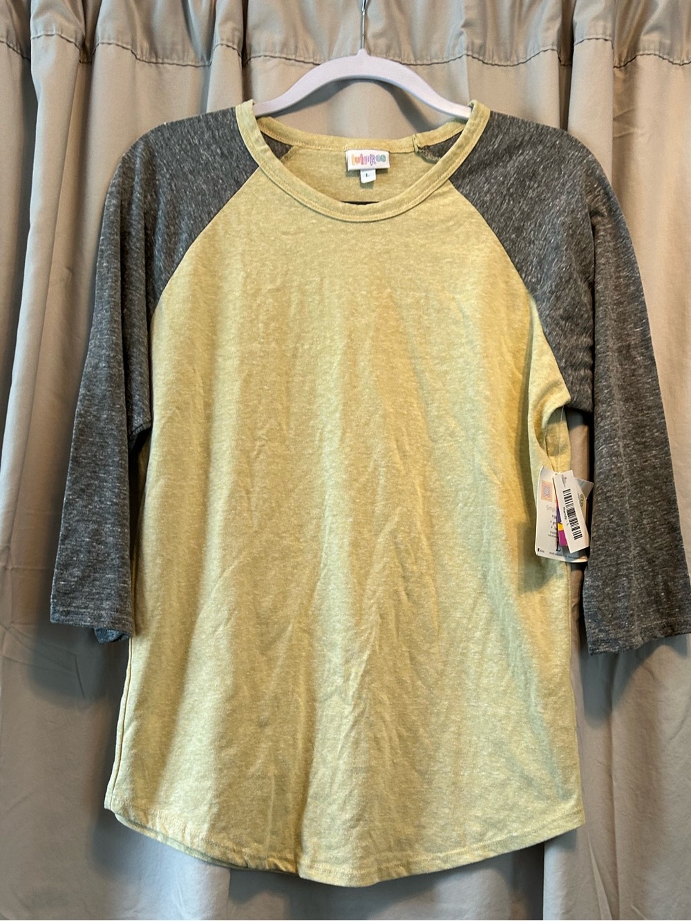 Woman’s lularoe Raglan Tee - Yellow Body with Gray Sleeves